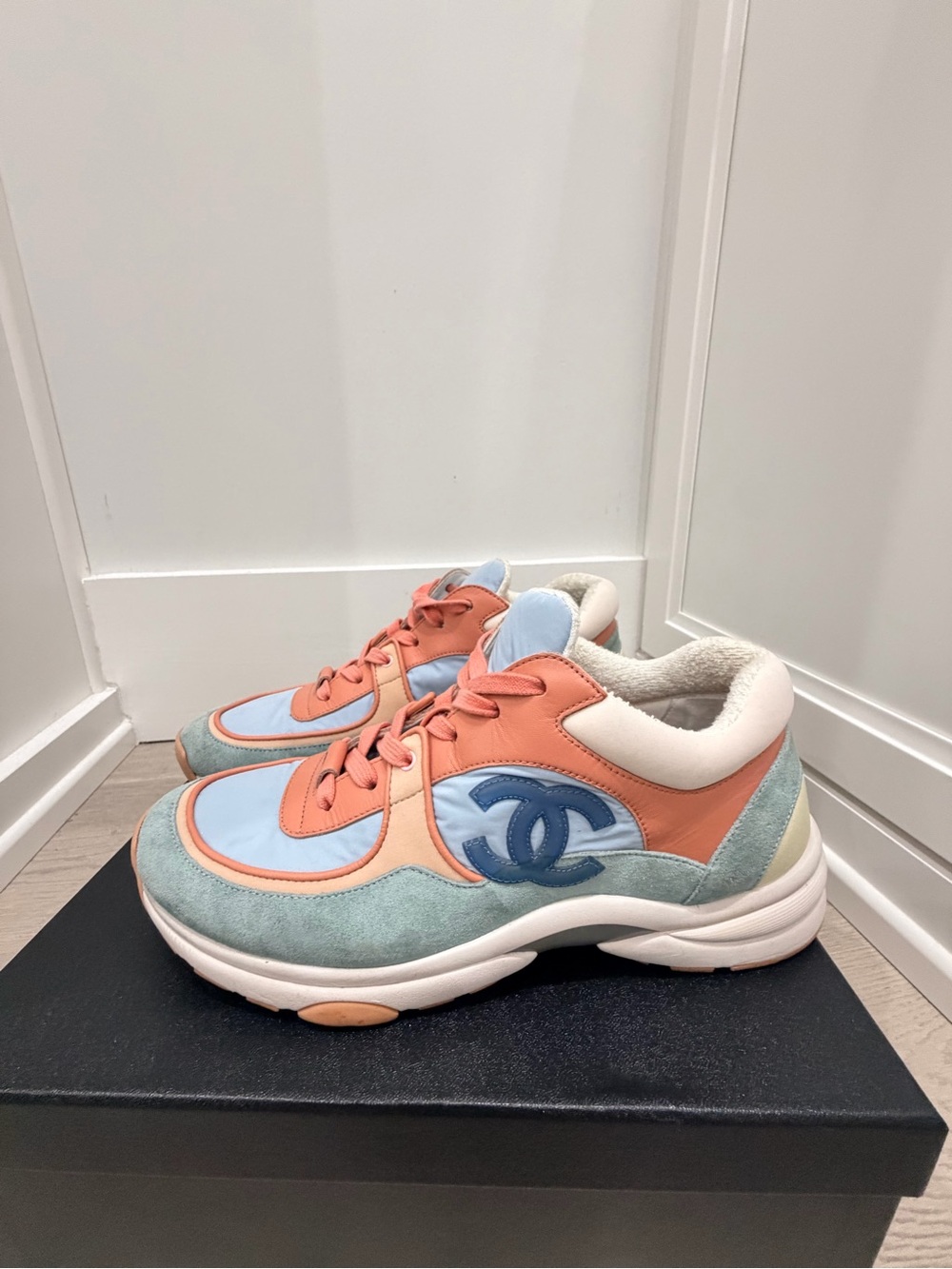 CHANEL Peach, Light Blue & Mint Green Leather Suede Sneakers